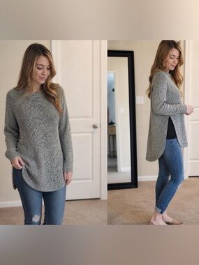 QUINN Marled Knit Tunic Sweater | Side Slit Luxe Neutral | Size L